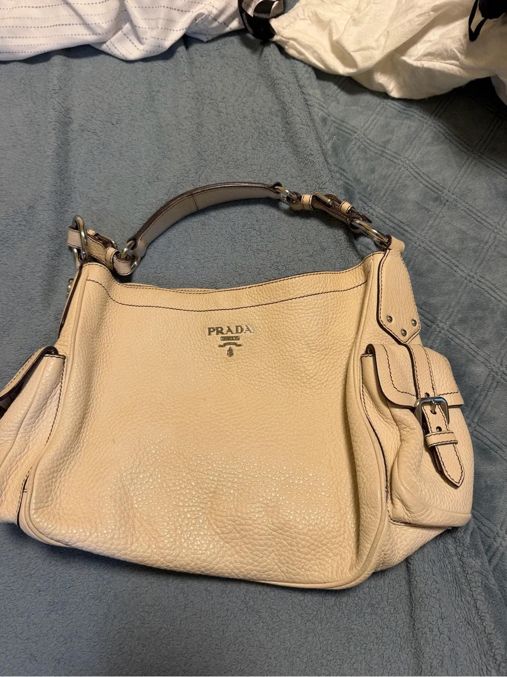 Prada Cream Pebbled Leather Shoulder Bag,Authentic